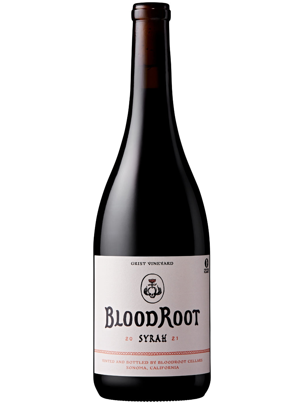 BloodRoot 2021 Grist Syrah bottle with simple label on white background