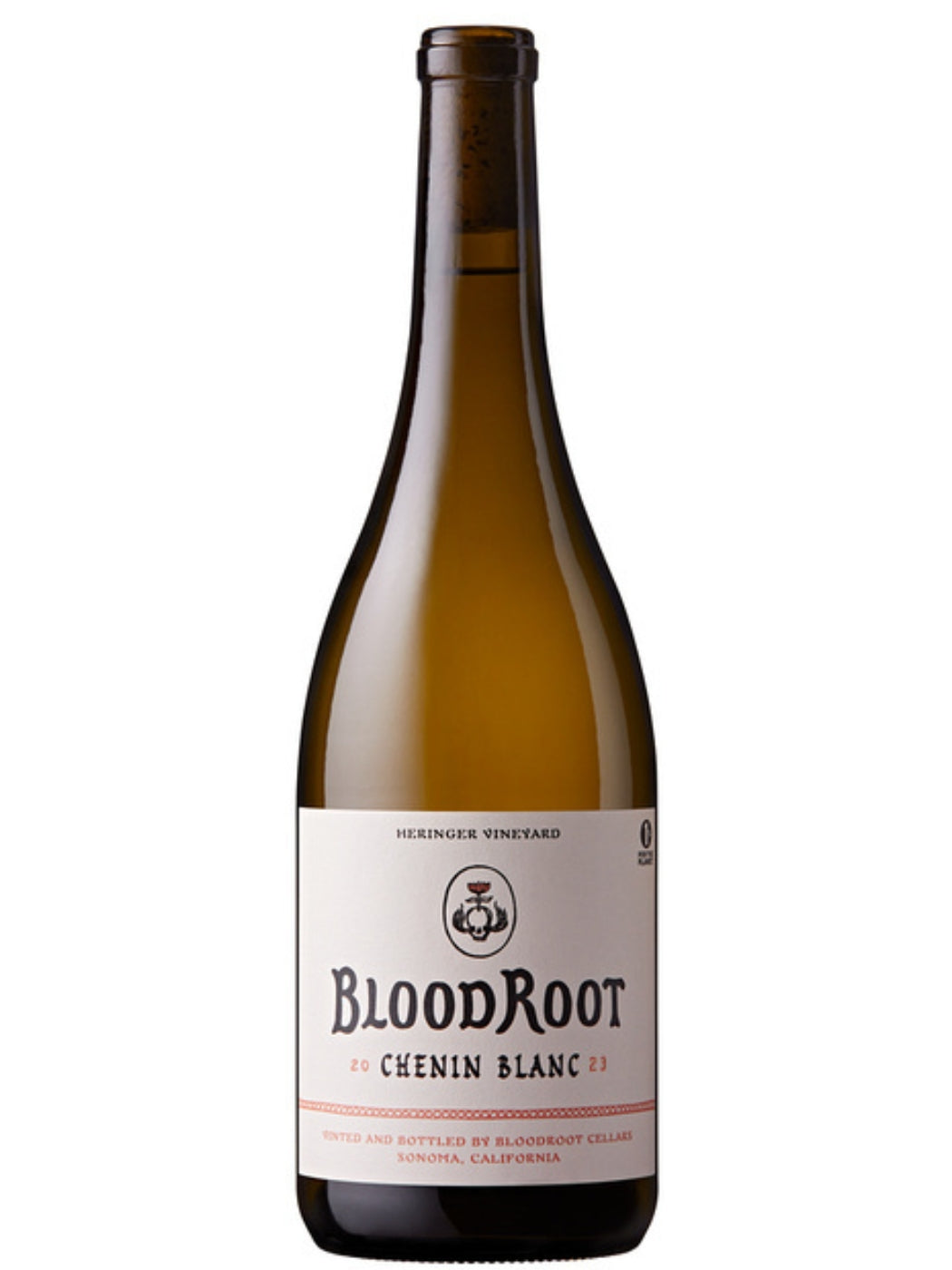 BloodRoot 2023 Chenin Blanc bottle with simple label on white background