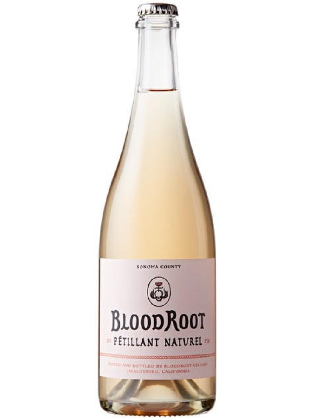 BloodRoot 2023 Pétillant Naturel bottle with simple label on white background