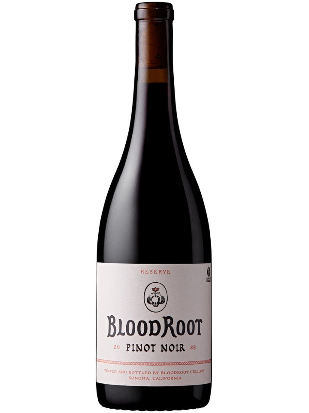 BloodRoot 2023 Sonoma Coast Reserve Pinot Noir bottle with simple label on white background
