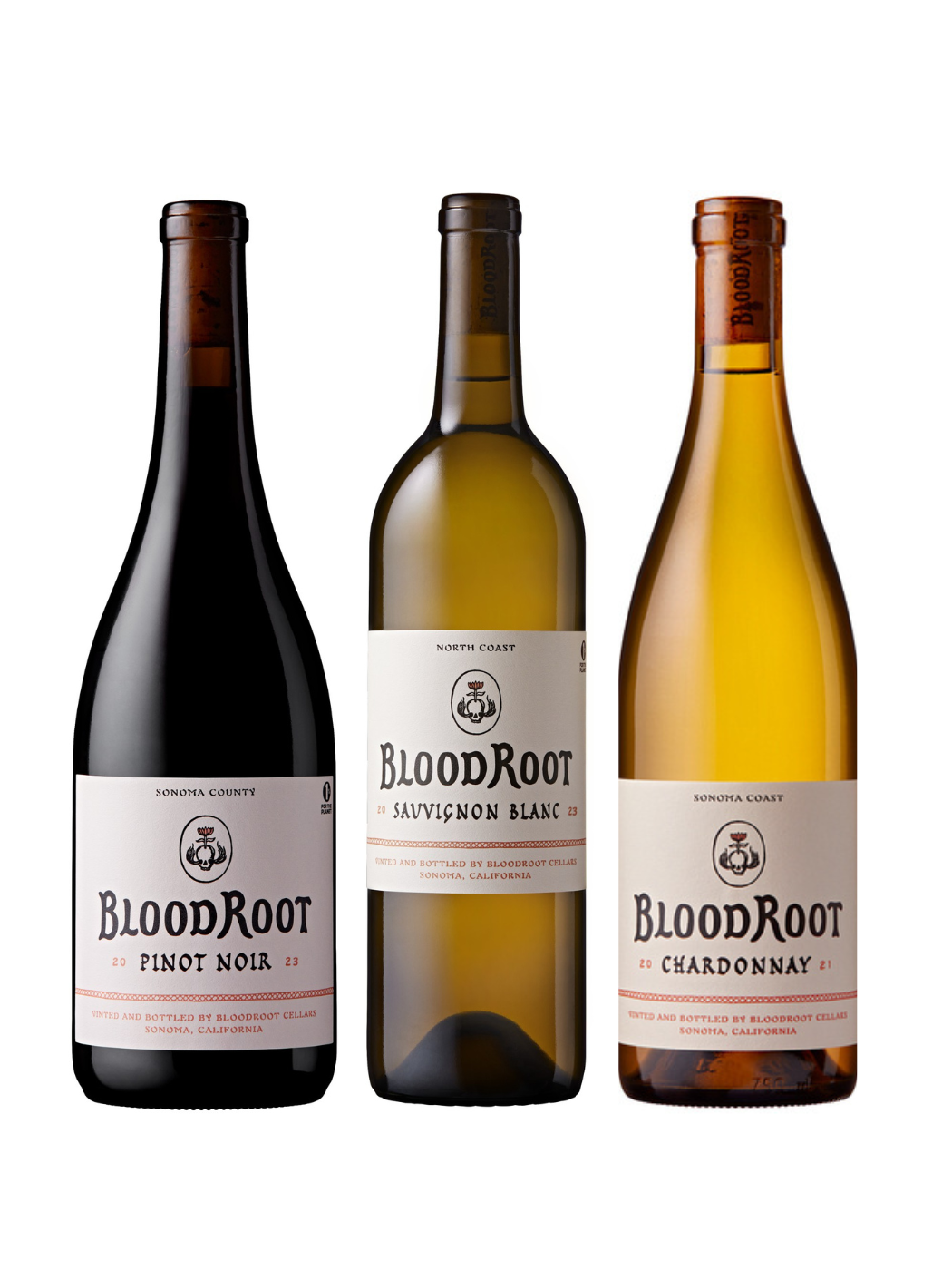 3 BloodRoot wine bottles including Pinot Noir, Sauvignon Blanc, and Chardonnay