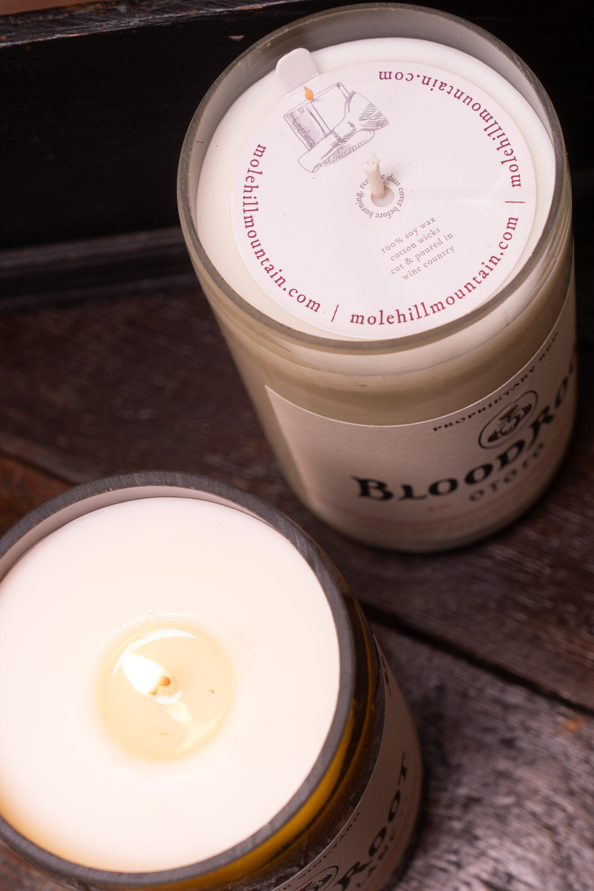 View from above of two BloodRoot candles