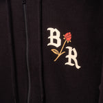 Front of BloodRoot zip up hoodie featuring BR with rose design