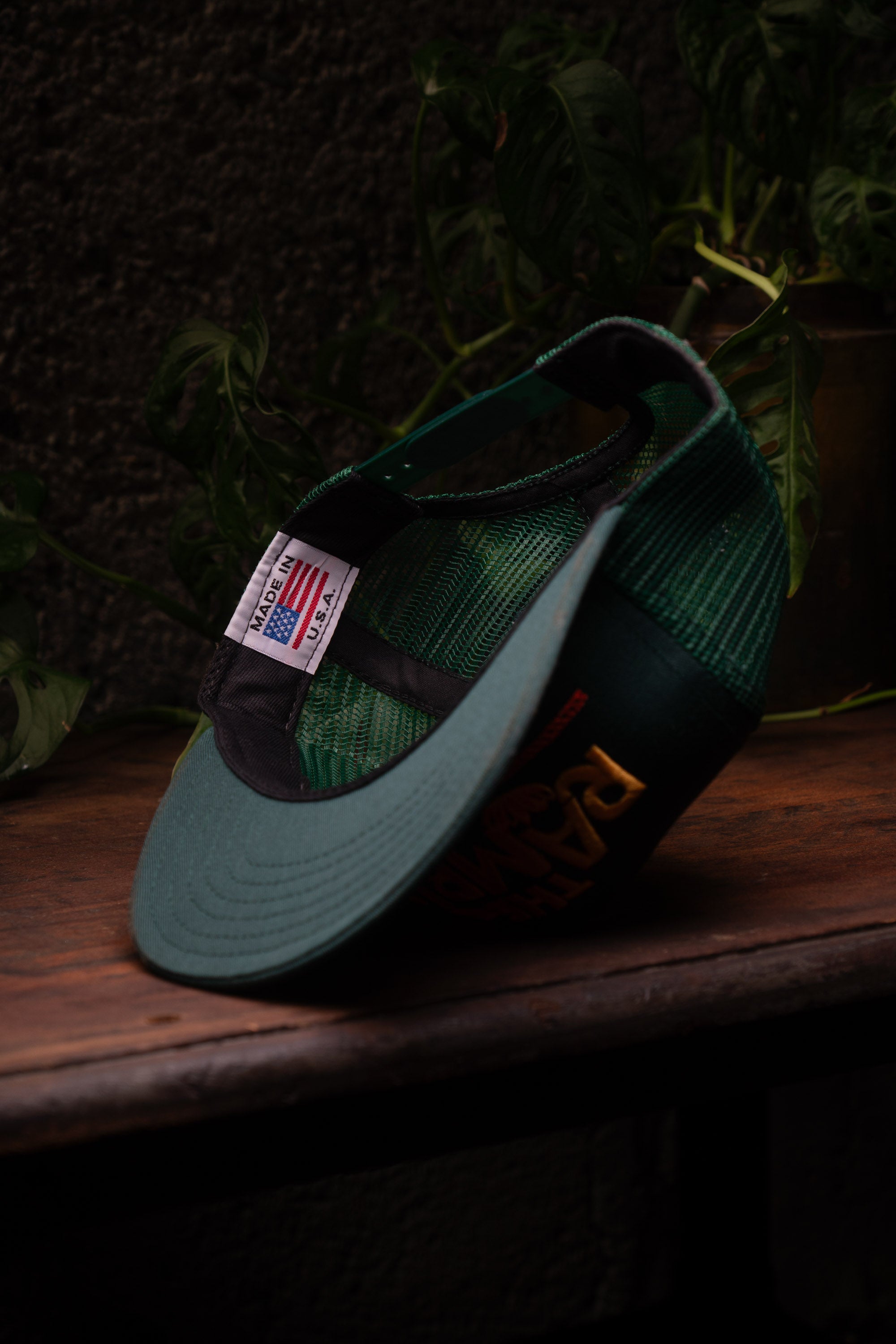 Inside view of green flat brim baseball hat