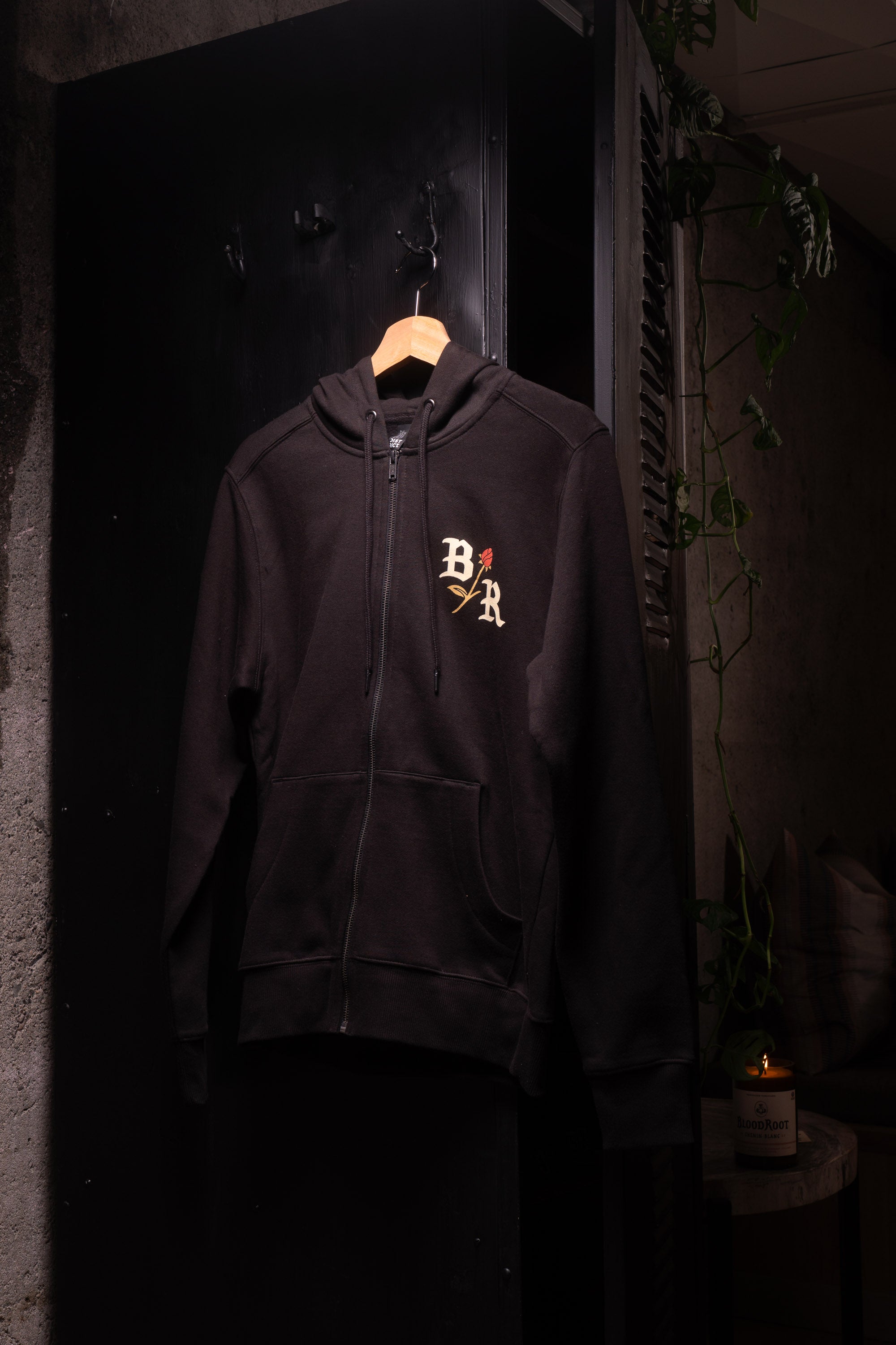 Black BloodRoot zip up hoodie with logo in white