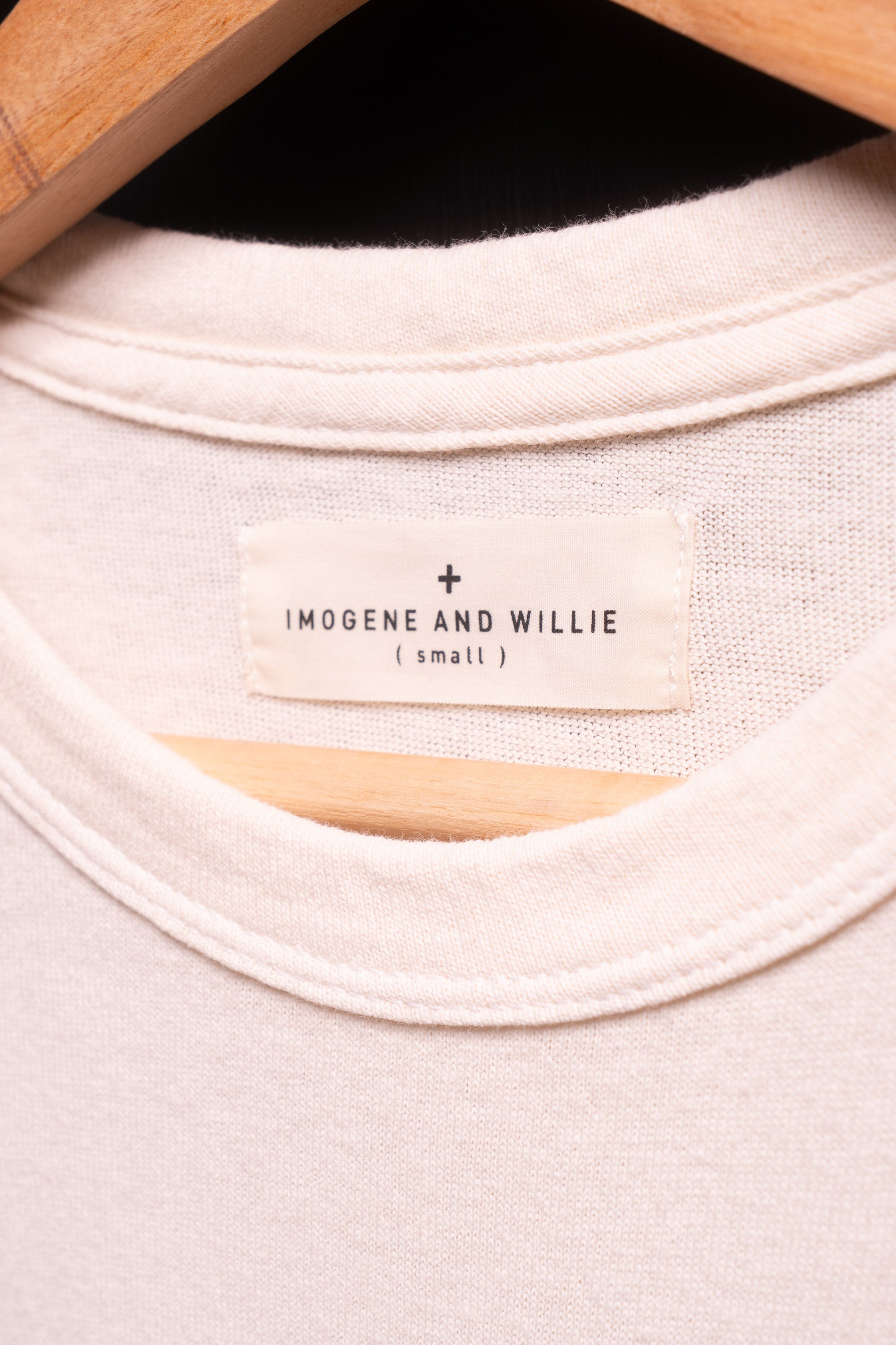 Imogene and Willie tag inside white t-shirt