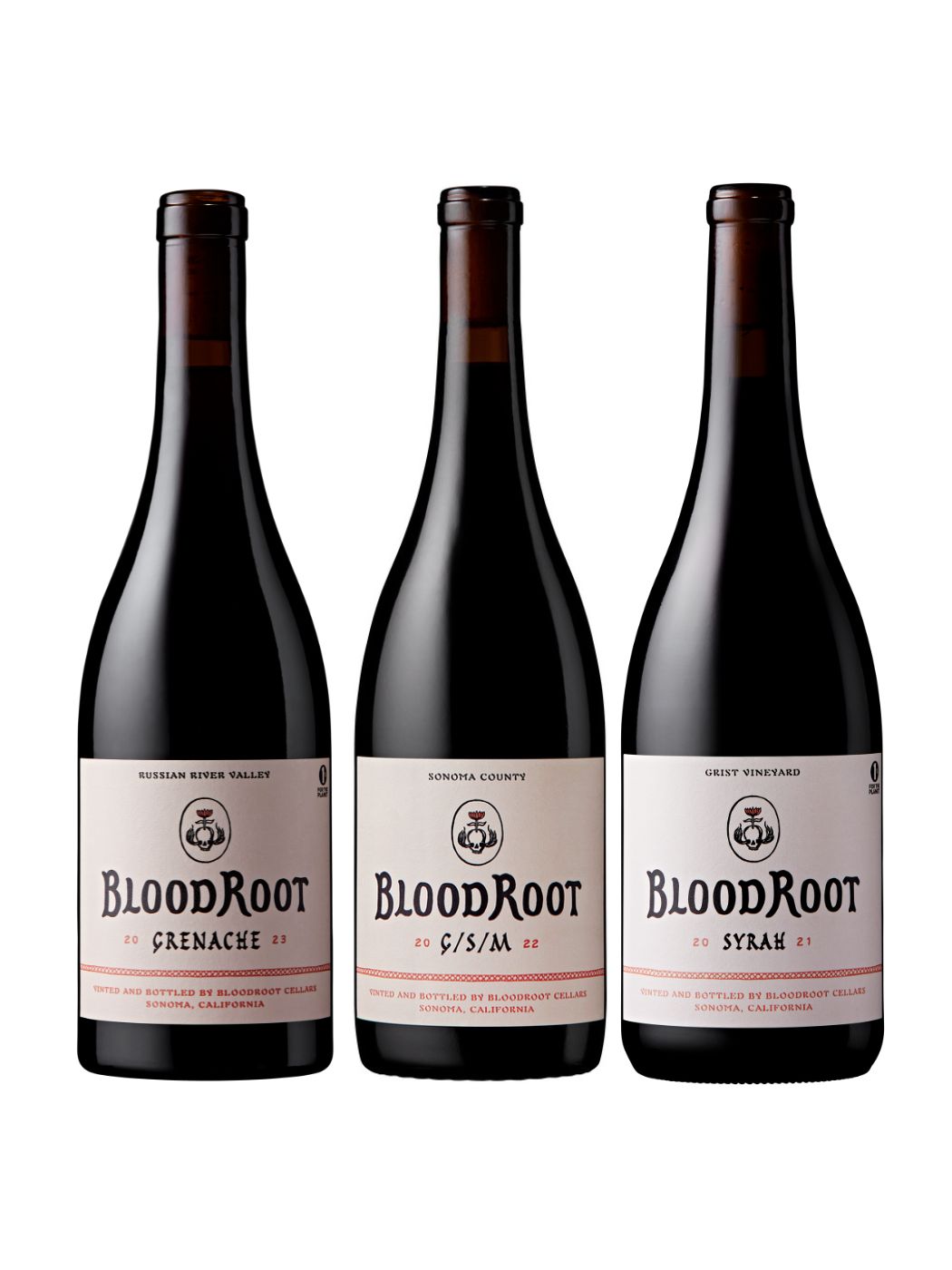 3 BloodRoot Rhône style wines including Grenache, G/S/M, and Syrah