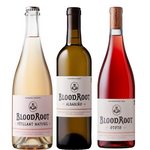 3 bottles of BloodRoot wine including Pétillant Naturel, Albariño, and Ototo.